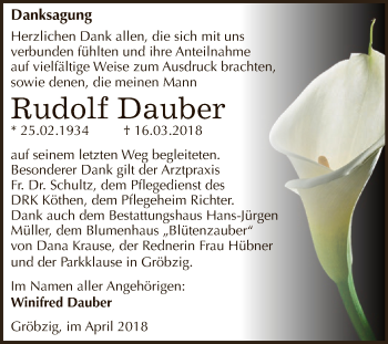 Traueranzeige von Rudolf Dauber von Super Sonntag Aschersleben