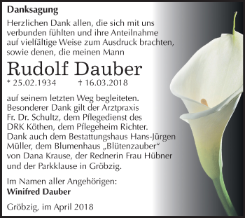 Traueranzeige von Rudolf Dauber von Mitteldeutsche Zeitung