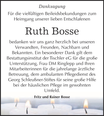 Traueranzeige von Ruth Bosse von WVG - Wochenspiegel Wittenberg