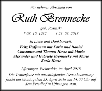Traueranzeige von Ruth Brennecke von Mitteldeutsche Zeitung