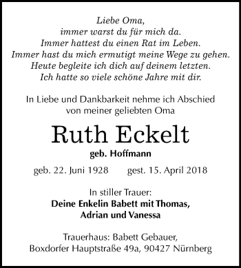 Traueranzeige von Ruth Eckelt von WVG - Wochenspiegel Merseburg