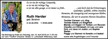 Traueranzeige von Ruth Herder von Mitteldeutsche Zeitung
