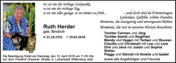 Traueranzeige von Ruth Herder von Super Sonntag Wittenberg