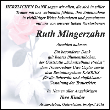 Traueranzeige von Ruth Mingerzahn von Mitteldeutsche Zeitung Aschersleben