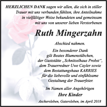 Traueranzeige von Ruth Mingerzahn von WVG - Wochenspiegel Quedlinburg