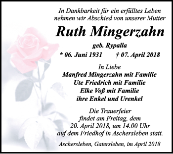 Traueranzeige von Ruth Mingerzahn von Mitteldeutsche Zeitung Aschersleben