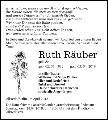 Traueranzeige von Ruth Räuber von Mitteldeutsche Zeitung Sangerhausen