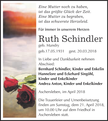 Traueranzeige von Ruth Schindler von Super Sonntag Aschersleben