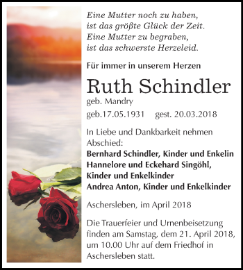 Traueranzeige von Ruth Schindler von Mitteldeutsche Zeitung Aschersleben