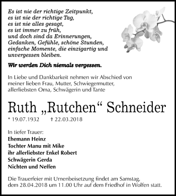 Traueranzeige von Ruth Schneider von Mitteldeutsche Zeitung Bitterfeld