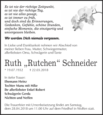 Traueranzeige von Ruth Schneider von WVG - Wochenspiegel Bitterfeld