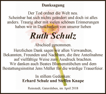 Traueranzeige von Ruth Schulz von Super Sonntag Aschersleben
