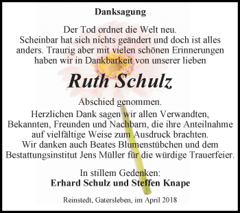Traueranzeige von Ruth Schulz von Mitteldeutsche Zeitung Aschersleben