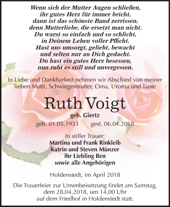 Traueranzeige von Ruth Voigt von Mitteldeutsche Zeitung Sangerhausen