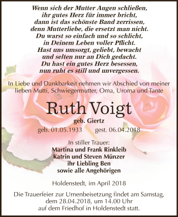 Traueranzeige von Ruth Voigt von Super Sonntag SGH Mansf. Land