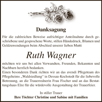 Traueranzeige von Ruth Wagner von WVG - Wochenspiegel Dessau / Köthen