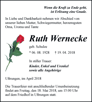Traueranzeige von Ruth Wernecke von Mitteldeutsche Zeitung Sangerhausen