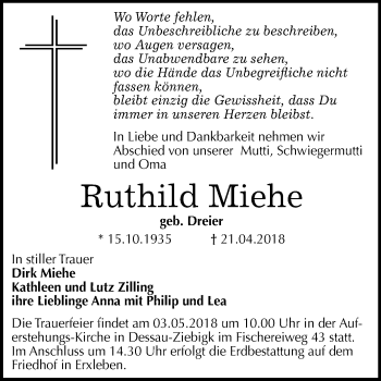 Traueranzeige von Ruthild Miehe von Mitteldeutsche Zeitung