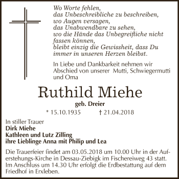 Traueranzeige von Ruthild Miehe von WVG - Wochenspiegel Dessau / Köthen