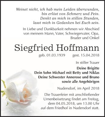 Traueranzeige von Siegfried Hoffmann von WVG - Wochenspiegel Wittenberg