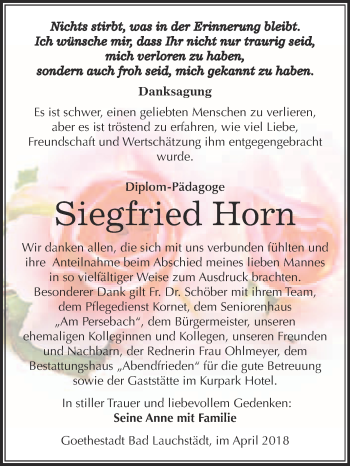 Traueranzeige von Siegfried Horn von WVG - Wochenspiegel Merseburg