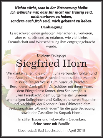 Traueranzeige von Siegfried Horn von Mitteldeutsche Zeitung Merseburg/Querfurt