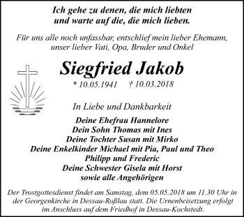 Traueranzeige von Siegfried Jakob von Mitteldeutsche Zeitung Dessau-Roßlau