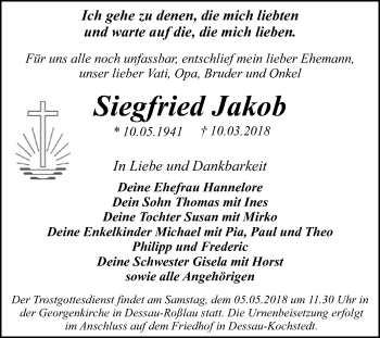 Traueranzeige von Siegfried Jakob von WVG - Wochenspiegel Dessau / Köthen