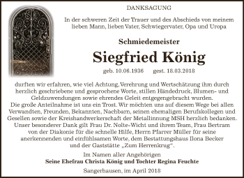 Traueranzeige von Siegfried König von Super Sonntag SGH Mansf. Land