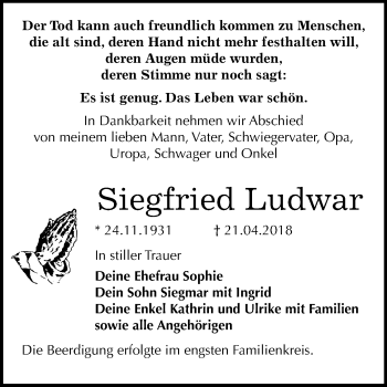Traueranzeige von Siegfried Ludwar von Mitteldeutsche Zeitung Bitterfeld