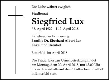 Traueranzeige von Siegfried Lux von Mitteldeutsche Zeitung Bitterfeld