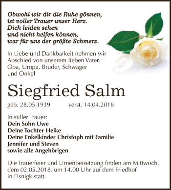 Traueranzeige von Siegfried Salm von WVG - Wochenspiegel Dessau / Köthen