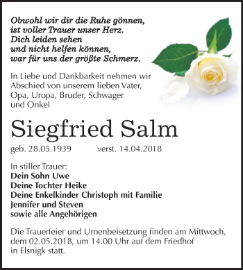 Traueranzeige von Siegfried Salm von Mitteldeutsche Zeitung Köthen