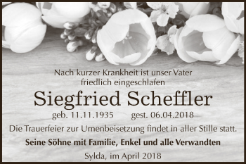 Traueranzeige von Siegfried Scheffler von Wochenspiegel Mansfelder Land