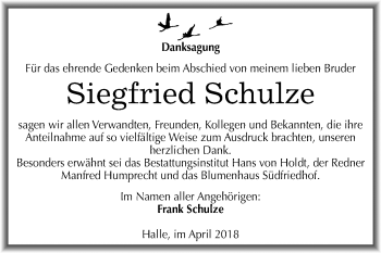 Traueranzeige von Siegfried Schulze von Mitteldeutsche Zeitung Halle/Saalkreis