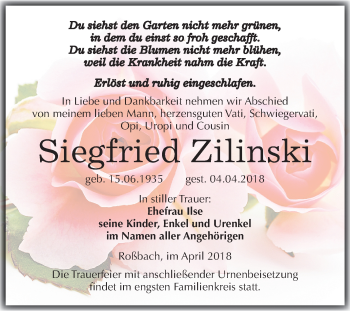 Traueranzeige von Siegfried Zilinski von Mitteldeutsche Zeitung Merseburg/Querfurt