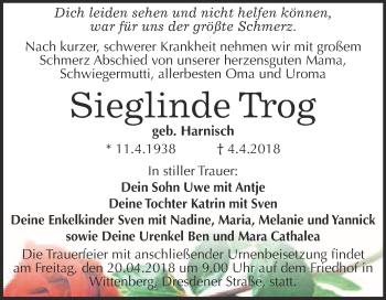 Traueranzeige von Sieglinde Trog von Super Sonntag Wittenberg