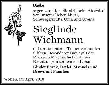 Traueranzeige von Sieglinde Wichmann von WVG - Wochenspiegel Bitterfeld