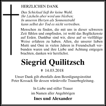 Traueranzeige von Siegrid Quilitzsch von Mitteldeutsche Zeitung Dessau-Roßlau