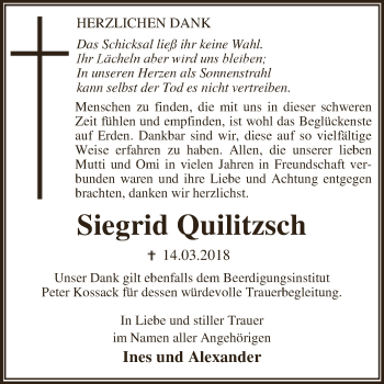 Traueranzeige von Siegrid Quilitzsch von WVG - Wochenspiegel Dessau / Köthen