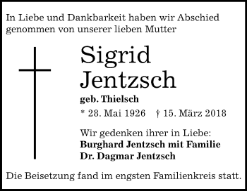 Traueranzeige von Sigrid Jentzsch von Mitteldeutsche Zeitung Halle/Saalkreis