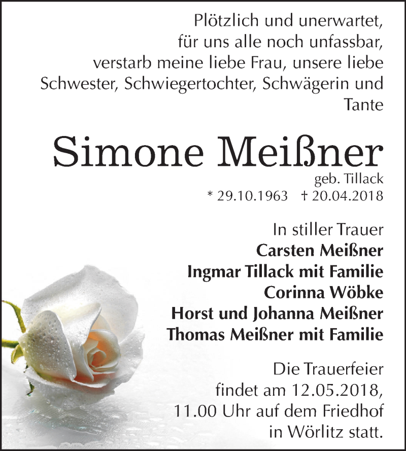  Traueranzeige für Simone Meißner vom 28.04.2018 aus Mitteldeutsche Zeitung Dessau-Roßlau