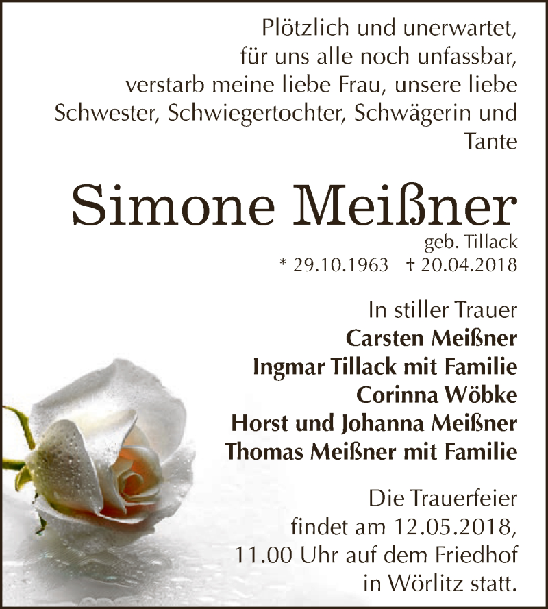  Traueranzeige für Simone Meißner vom 28.04.2018 aus WVG - Wochenspiegel Dessau / Köthen