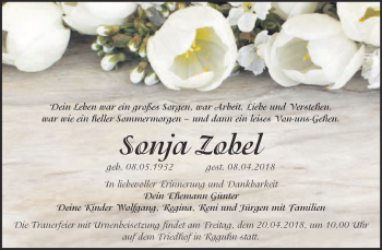 Traueranzeige von Sonja Zobel von WVG - Wochenspiegel Bitterfeld