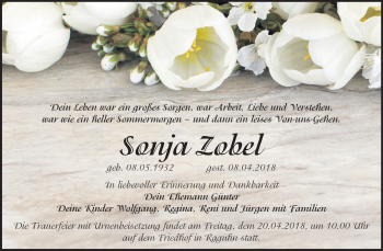Traueranzeige von Sonja Zobel von Mitteldeutsche Zeitung Bitterfeld