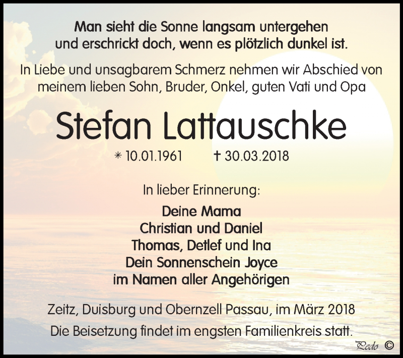  Traueranzeige für Stefan Lattauschke vom 07.04.2018 aus Mitteldeutsche Zeitung Zeitz