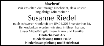 Traueranzeige von Susanne Riedel von Mitteldeutsche Zeitung Bitterfeld