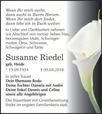 Traueranzeige von Susanne Riedel von WVG - Wochenspiegel Bitterfeld