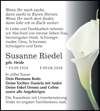 Traueranzeige von Susanne Riedel von Mitteldeutsche Zeitung Bitterfeld
