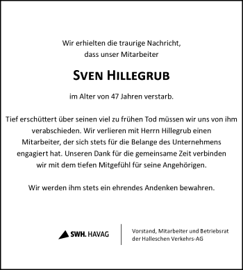 Traueranzeige von Sven Hillegrub von Mitteldeutsche Zeitung Halle/Saalkreis